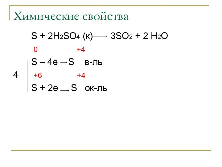 Химические свойства S + 2H2SO4 (к) 3SO2 + 2 H2O 0 +4