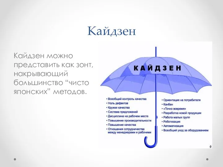 Кайдзен Кайдзен можно представить как зонт, накрывающий большинство “чисто японских” методов.