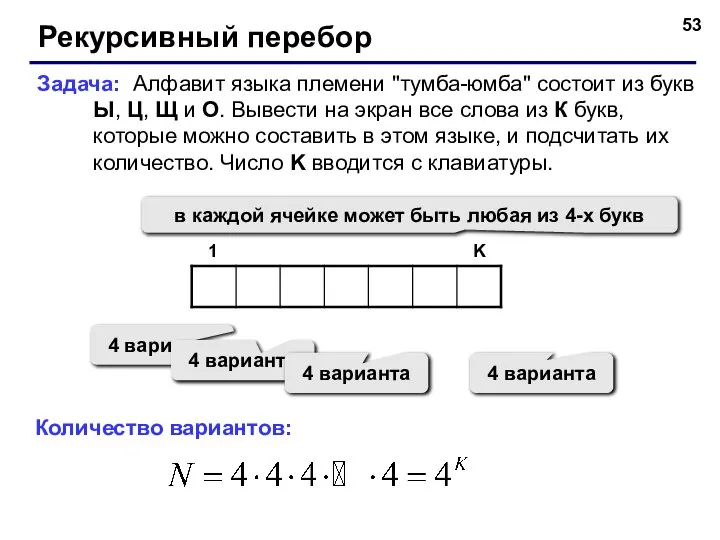 Рекурсивный перебор Задача: Алфавит языка племени "тумба-юмба" состоит из букв Ы, Ц,