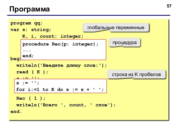 Программа program qq; var s: string; K, i, count: integer; begin writeln('Введите