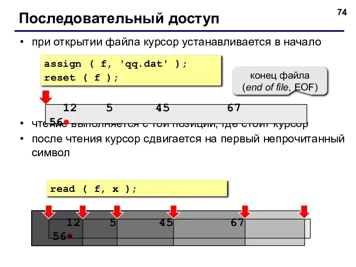 Последовательный доступ при открытии файла курсор устанавливается в начало чтение выполняется с