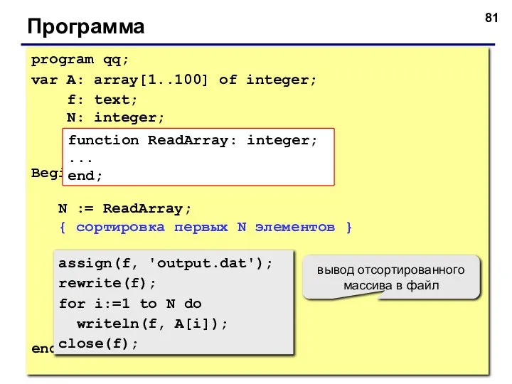 Программа program qq; var A: array[1..100] of integer; f: text; N: integer;