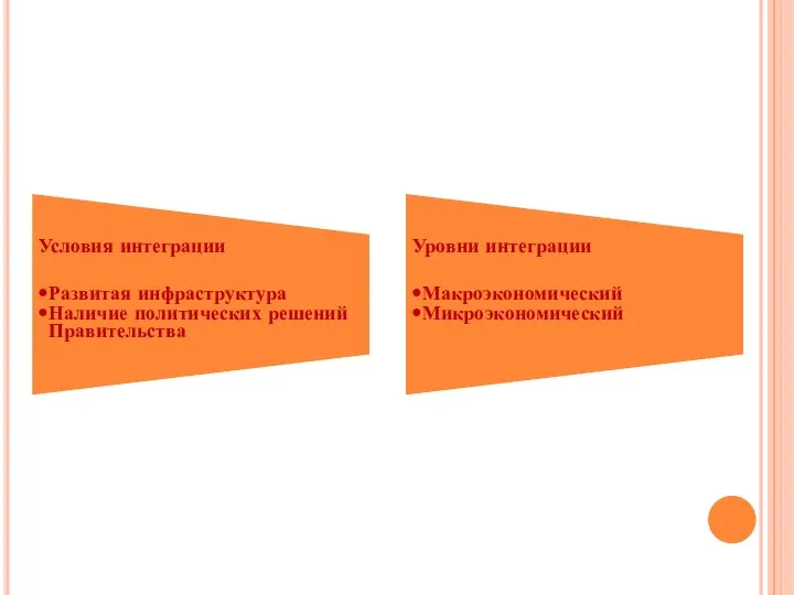 Условия интеграции Развитая инфраструктура Наличие политических решений Правительства Уровни интеграции Макроэкономический Микроэкономический