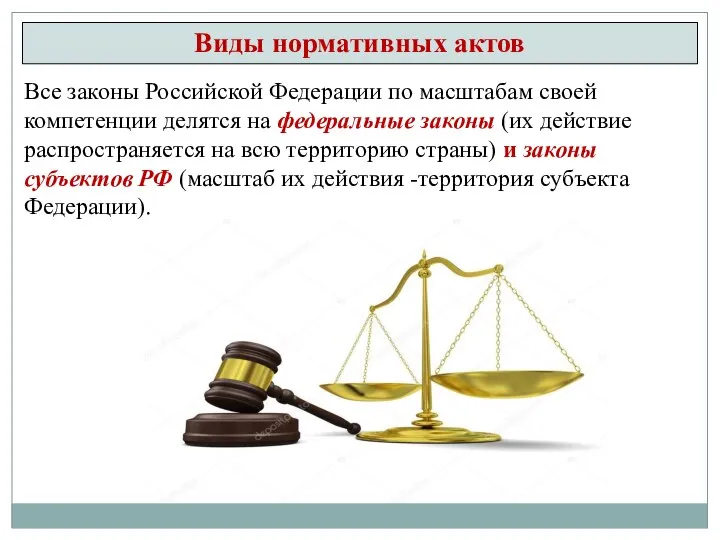 Виды нормативных актов Все законы Российской Федерации по масштабам своей компетенции делятся