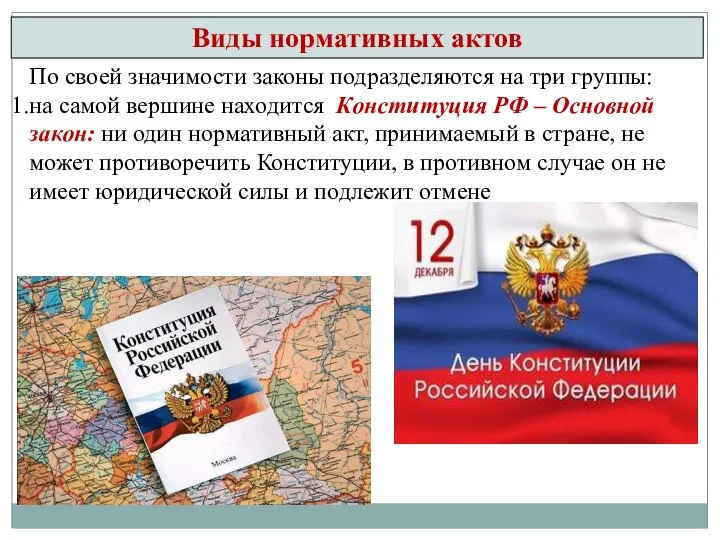 Виды нормативных актов По своей значимости законы подразделяются на три группы: на