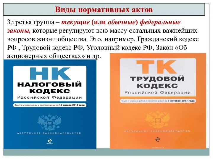 3.третья группа – текущие (или обычные) федеральные законы, которые регулируют всю массу