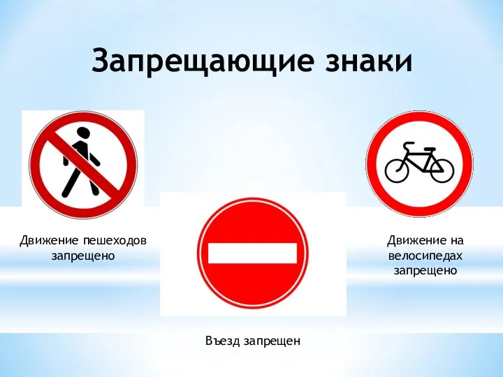 Запрещающие знаки Движение пешеходов запрещено Въезд запрещен Движение на велосипедах запрещено