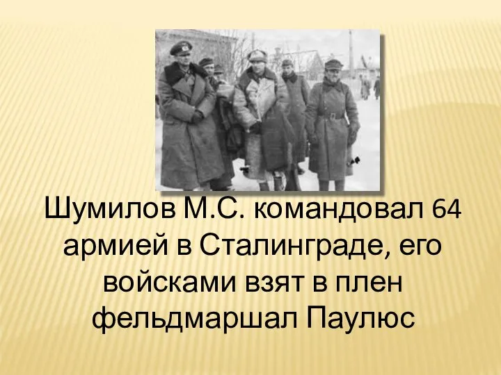 Шумилов М.С. командовал 64 армией в Сталинграде, его войсками взят в плен фельдмаршал Паулюс