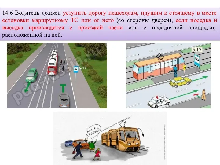 14.6 Водитель должен уступить дорогу пешеходам, идущим к стоящему в месте остановки