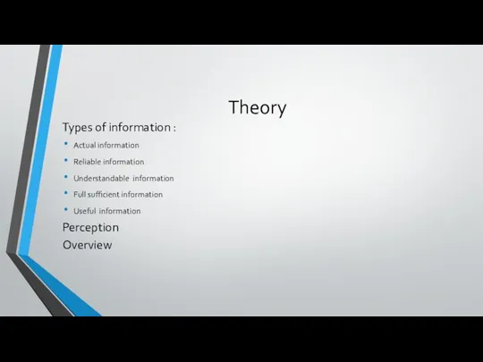 Theory Types of information : Actual information Reliable information Understandable information Full