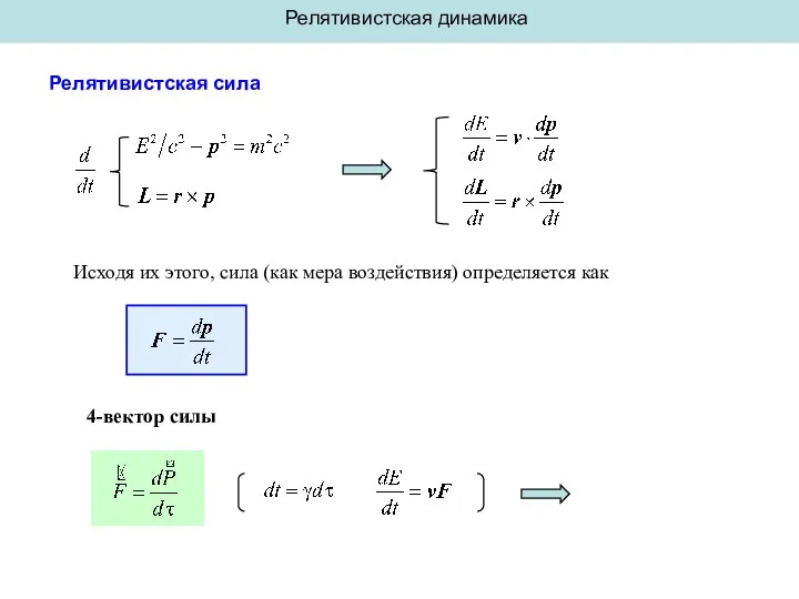 Релятивистская динамика Релятивистская сила Исходя их этого, сила (как мера воздействия) определяется как 4-вектор силы