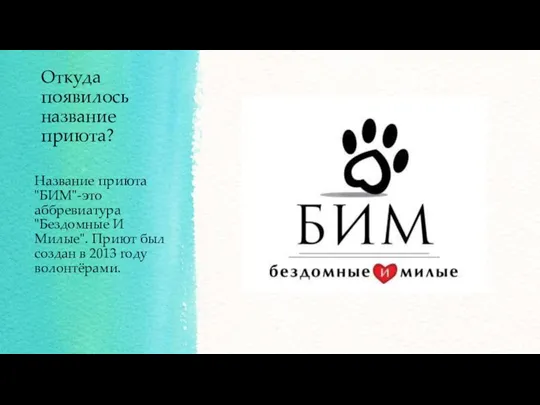 Откуда появилось название приюта? Название приюта "БИМ"-это аббревиатура "Бездомные И Милые". Приют