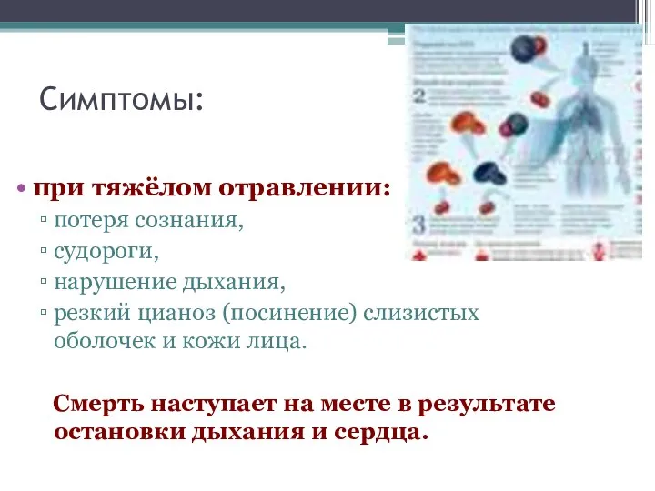 Симптомы: при тяжёлом отравлении: потеря сознания, судороги, нарушение дыхания, резкий цианоз (посинение)