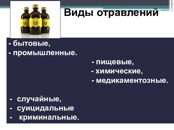 Виды отравлений - бытовые, - промышленные. - пищевые, - химические, - медикаментозные. случайные, суицидальные криминальные.