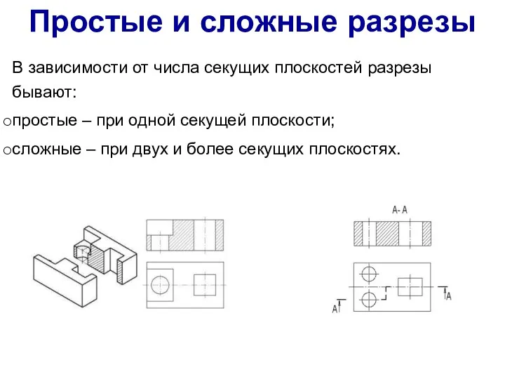 В зависимости от числа секущих плоскостей разрезы бывают: простые – при одной