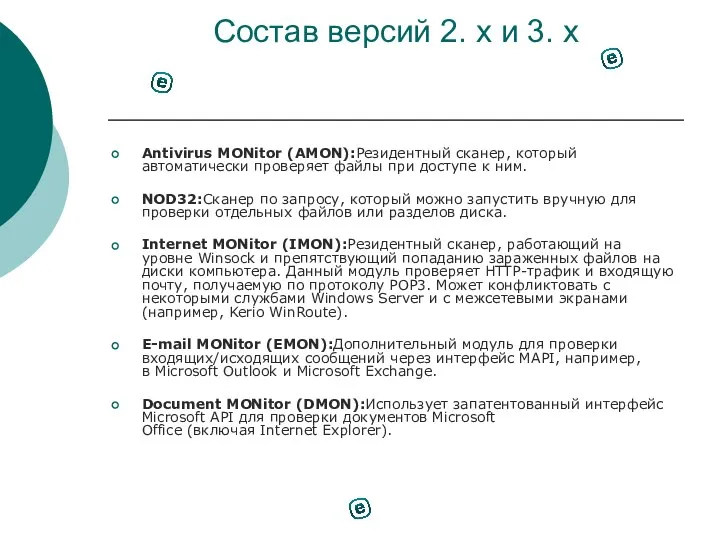 Состав версий 2. х и 3. х Antivirus MONitor (AMON):Резидентный сканер, который