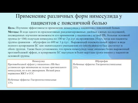 Применение различных форм нимесулида у пациентов с поясничной болью Цель: Изучение эффективности