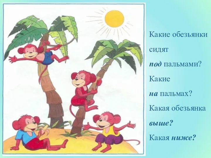 Какие обезьянки сидят под пальмами? Какие на пальмах? Какая обезьянка выше? Какая ниже?