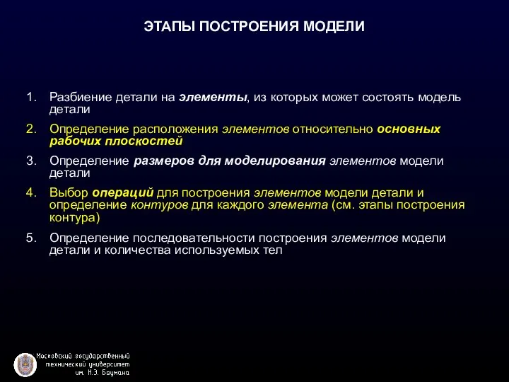 ЭТАПЫ ПОСТРОЕНИЯ МОДЕЛИ Разбиение детали на элементы, из которых может состоять модель