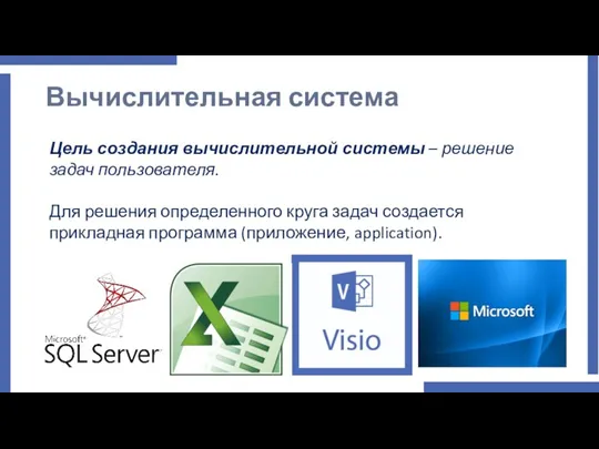 Вычислительная система Цель создания вычислительной системы – решение задач пользователя. Для решения