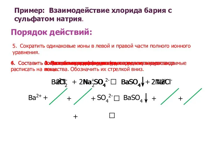 Пример: Взаимодействие хлорида бария с сульфатом натрия. BaCl2 + Na2SO4 ? BaSO4