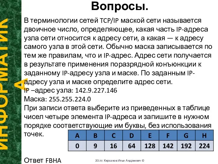 Вопросы. ИНФОРМАТИКА 2014г. Кирсанов Илья Андреевич © В терминологии сетей TCP/IP маской