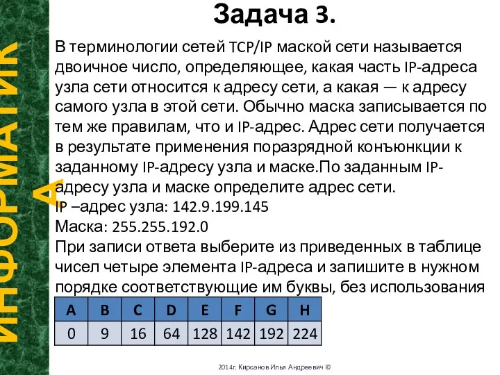 Задача 3. ИНФОРМАТИКА 2014г. Кирсанов Илья Андреевич © В терминологии сетей TCP/IP