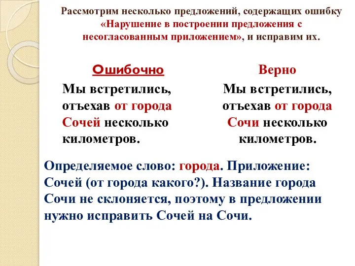 Рассмотрим несколько предложений, содержащих ошибку «Нарушение в построении предложения с несогласованным приложением»,