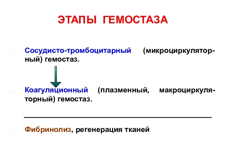 ЭТАПЫ ГЕМОСТАЗА Сосудисто-тромбоцитарный (микроциркулятор-ный) гемостаз. Коагуляционный (плазменный, макроциркуля-торный) гемостаз. Фибринолиз, регенерация тканей