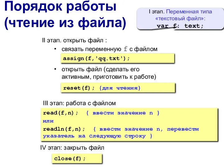 Порядок работы (чтение из файла) II этап. открыть файл : связать переменную