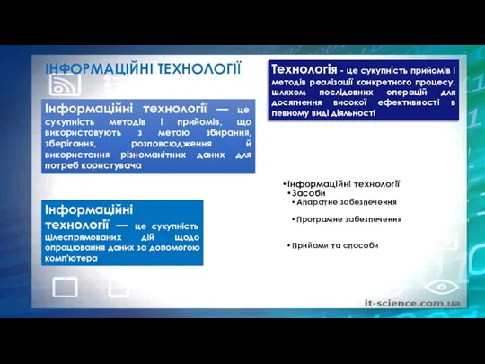 ІНФОРМАЦІЙНІ ТЕХНОЛОГІЇ Інформаційні технології — це сукупність методів і прийомів, що використовують