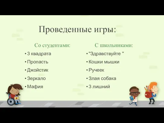 Проведенные игры: Со студентами: 3 квадрата Пропасть Джойстик Зеркало Мафия С школьниками: