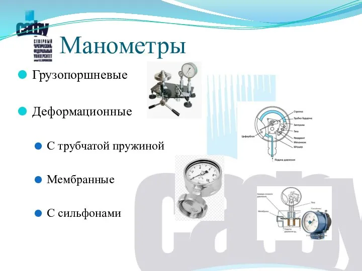 Грузопоршневые Деформационные С трубчатой пружиной Мембранные С сильфонами Манометры