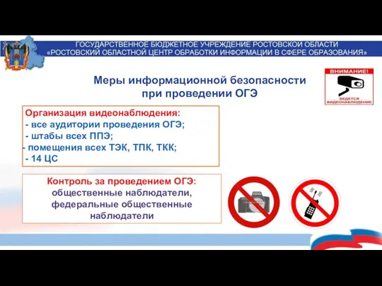 Организация видеонаблюдения: - все аудитории проведения ОГЭ; - штабы всех ППЭ; помещения