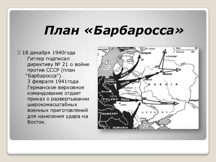 План «Барбаросса» 18 декабря 1940года Гитлер подписал директиву № 21 о войне