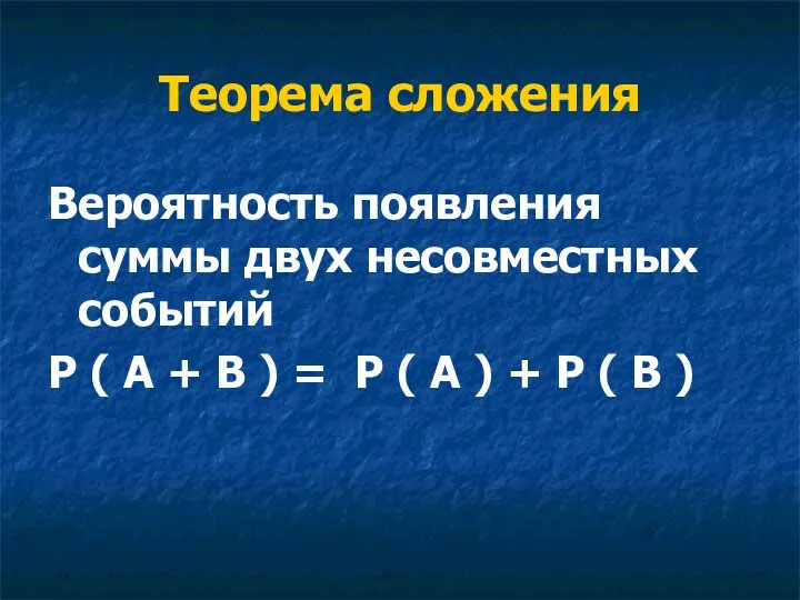 Теорема сложения Вероятность появления суммы двух несовместных событий Р ( А +