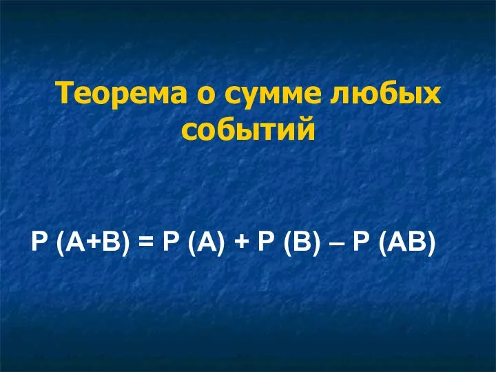 Теорема о сумме любых событий Р (А+В) = Р (А) + Р (В) – Р (АВ)