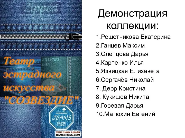 Демонстрация коллекции: 1.Решетникова Екатерина 2.Ганцев Максим 3.Слепцова Дарья 4.Карпенко Илья 5.Язвицкая Елизавета