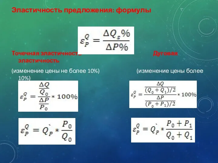 Эластичность предложения: формулы Точечная эластичность Дуговая эластичность (изменение цены не более 10%) (изменение цены более 10%)