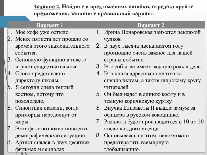 Задание 2. Найдите в предложениях ошибки, отредактируйте предложения, запишите правильный вариант.