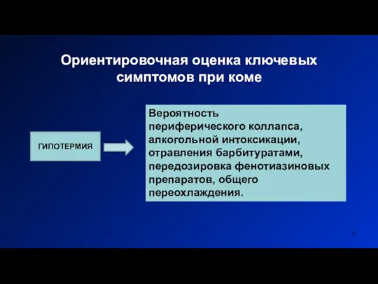 Ориентировочная оценка ключевых симптомов при коме ГИПОТЕРМИЯ Вероятность периферического коллапса, алкогольной интоксикации,