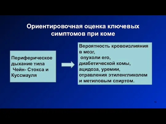 Ориентировочная оценка ключевых симптомов при коме Периферическое дыхание типа Чейн- Стокса и