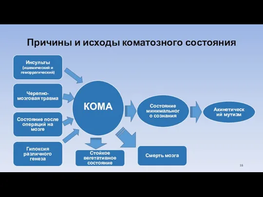 Причины и исходы коматозного состояния Инсульты (ишемический и геморрагический) Черепно-мозговая травма Состояние