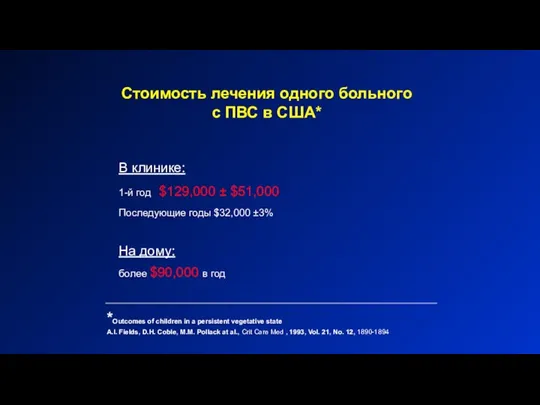 Стоимость лечения одного больного с ПВС в США* В клинике: 1-й год