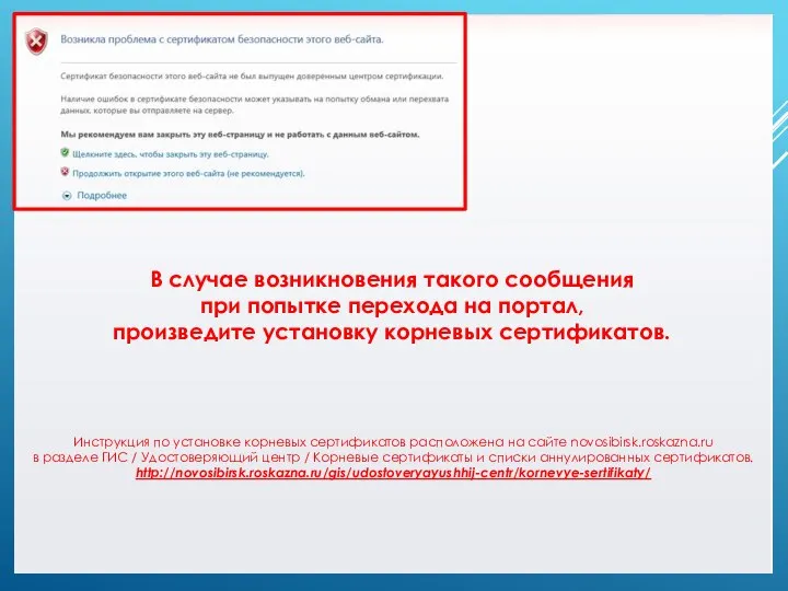 В случае возникновения такого сообщения при попытке перехода на портал, произведите установку