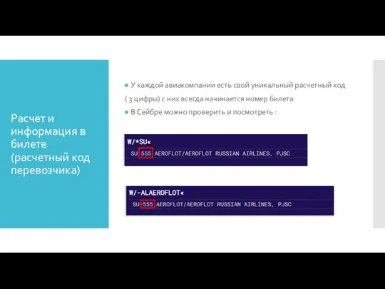 Расчет и информация в билете (расчетный код перевозчика) У каждой авиакомпании есть