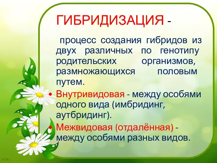 ГИБРИДИЗАЦИЯ - процесс создания гибридов из двух различных по генотипу родительских организмов,