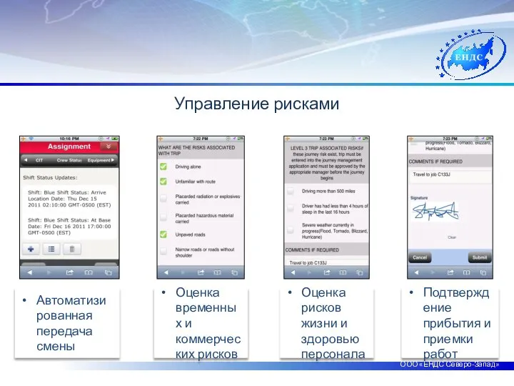 ООО «ЕНДС Северо-Запад» Управление рисками Автоматизированная передача смены Оценка временных и коммерческих