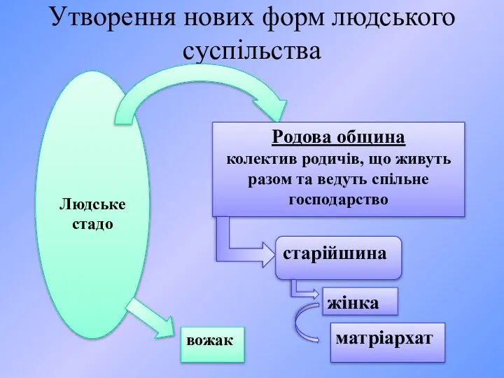 Утворення нових форм людського суспільства Людське стадо Родова община колектив родичів, що