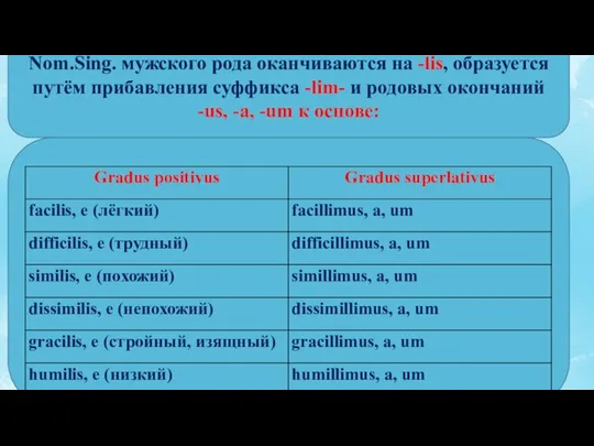 Превосходная степень шести прилагательных, которые в Nom.Sing. мужского рода оканчиваются на -lis,